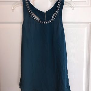 Teal racer back top with rhinestone trim